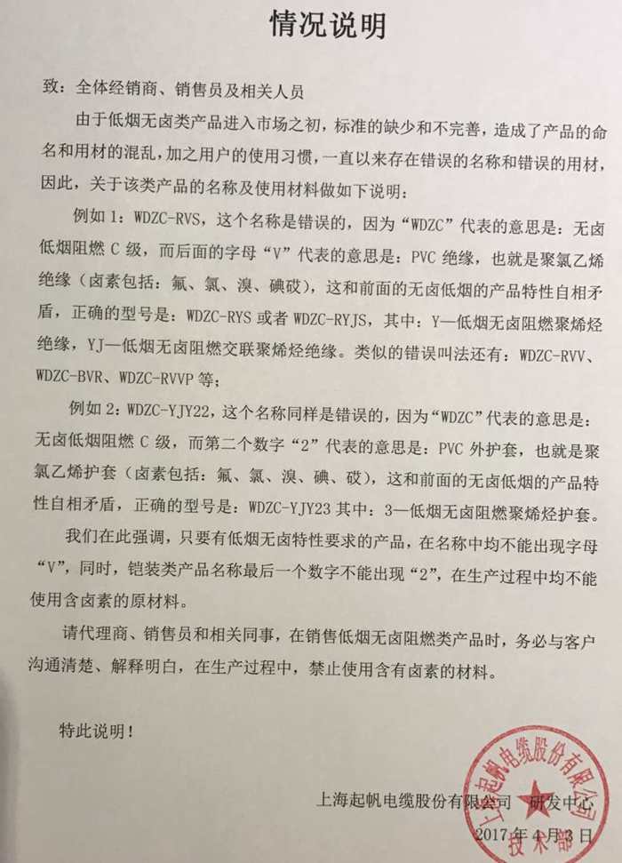 關(guān)于低煙無鹵類電線電纜產(chǎn)品 正確使用名稱的說明